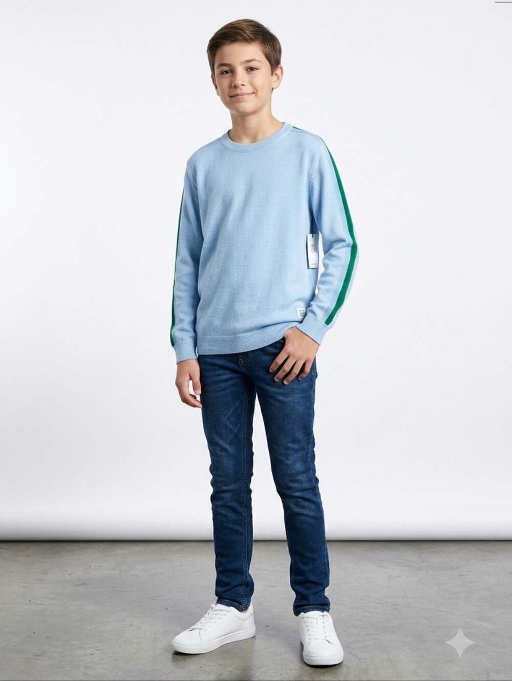 Light Blue Crewneck Sweater with Green Sleeve Stripes – Boys Size 14Y (NWT)